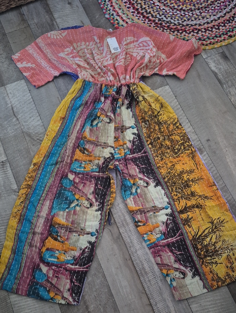 Custom High Quality Kantha Bohemian Patchwork Wide-Leg Jumpsuit Adjustable NWT